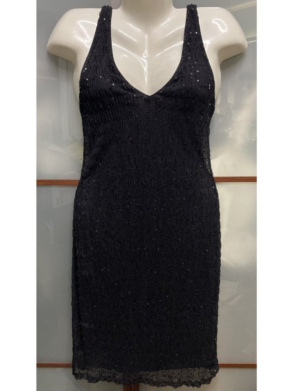 Ralph Lauren Vintage Y2K 90s Small Sequin Sheer LBD Black Ruched Midi Slip Dress